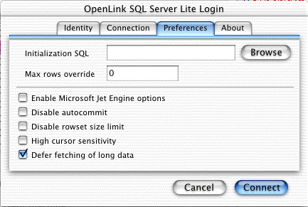 SQL Server Single-Tier DSN Connection Test, Preferences tab