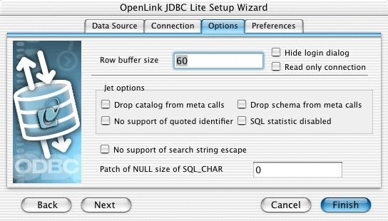 ODBC-JDBC Lite Bridge Options tab