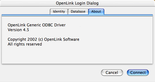 OpenLink Login Dialog, About tab