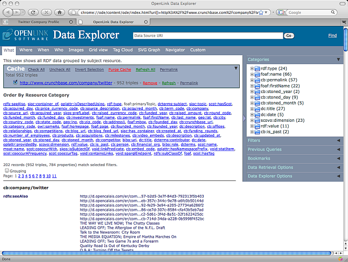 ODE RDF browser displaying Crunchbase network resource fetched data