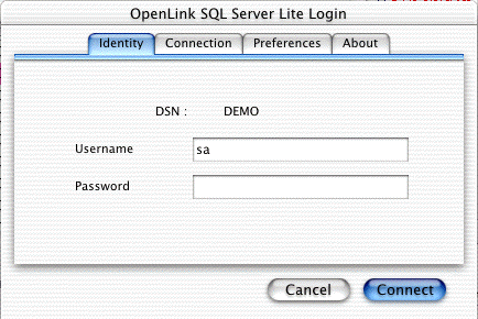 SQL Server Single-Tier DSN Connection Test, Identity tab