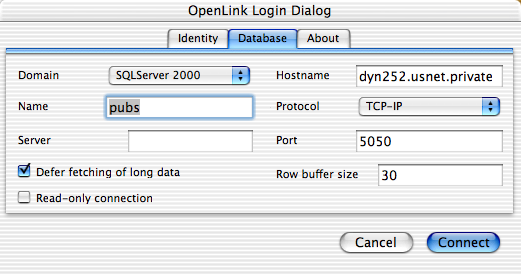 OpenLink Login Dialog, Database tab