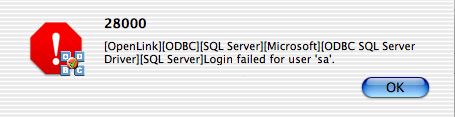 OpenLink ODBC Administrator, DSN Test, Initial Error Message