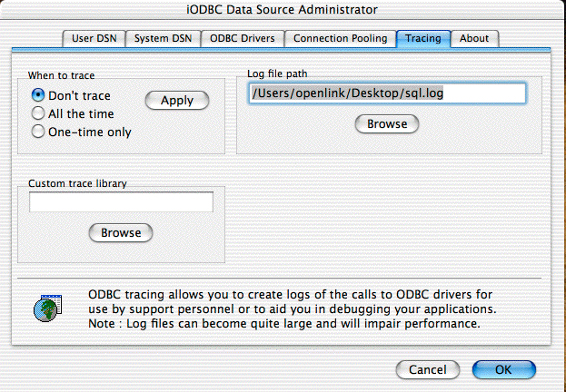 OpenLink ODBC Administrator, Tracing tab