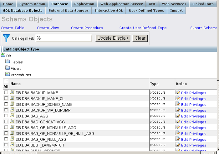 Viewing Stored Procedures details for the DB catalogue