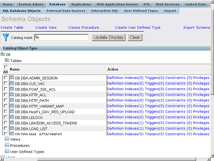 Viewing Tables details for the Demo catalogue in the Demo Database